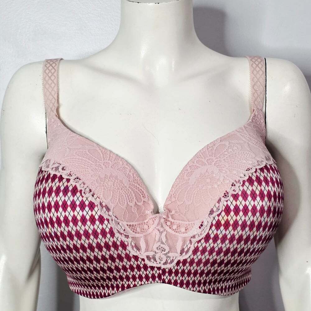 Deesse Bra 38H Pink and Burgundy Harlequin Print Lace Bra